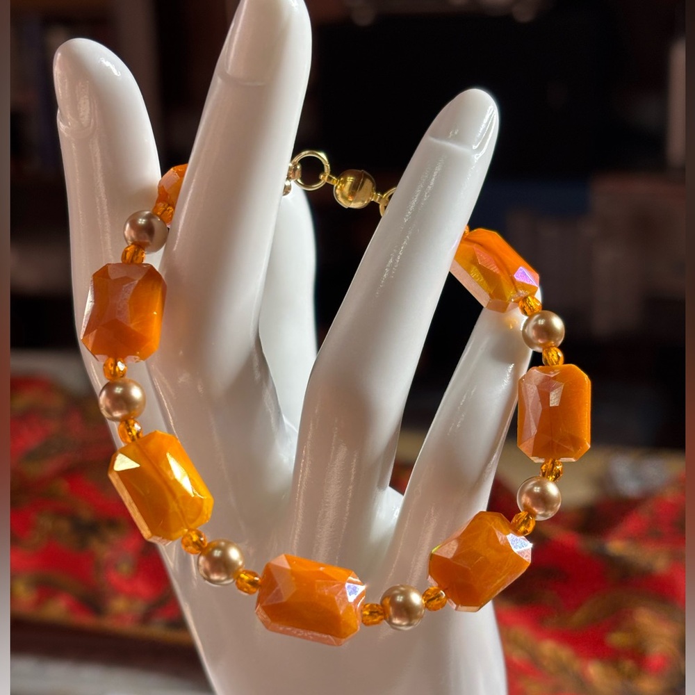 Vibrant Orange and Gold Beaded Bracelet 8 inches